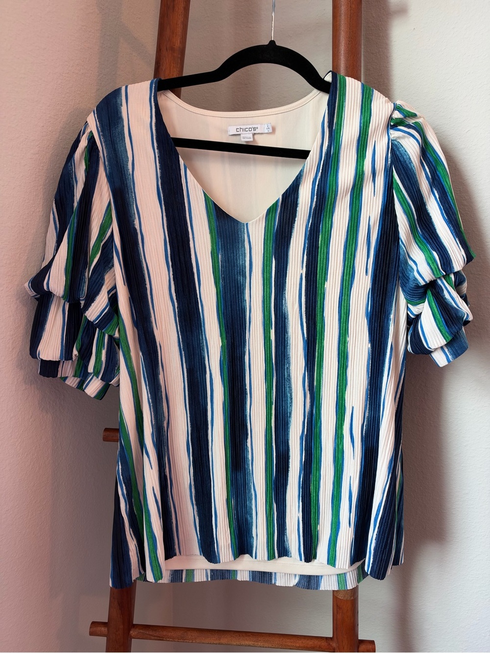 Chico's Blue, Green & White Striped V-Neck Ruffle Sleeve Blouse